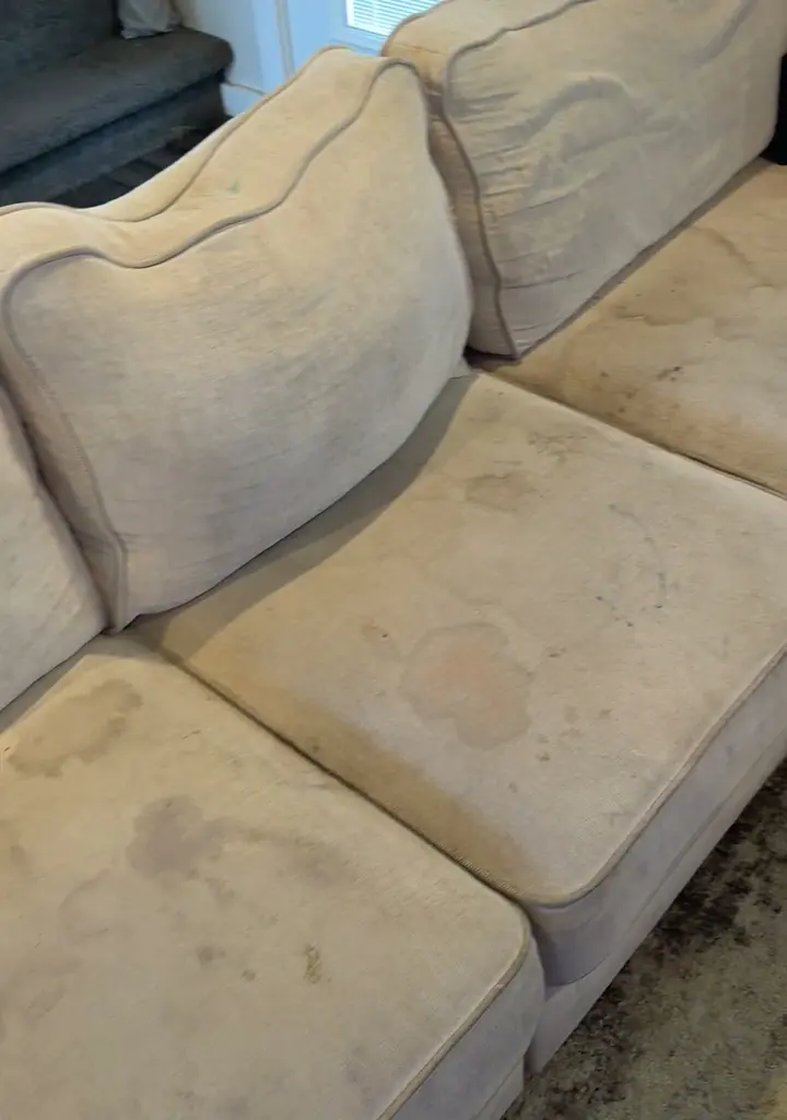 Cream sectional seat cushions before cleaning, covered in water rings and dark spots.